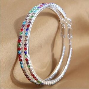 Rainbow Color Rhinestone Silver Hoop Earrings